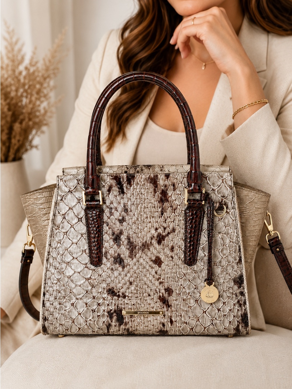 Brahmin Priscilla Satchel Glacier Carlisle Embossed Leather Crossbody Bag
